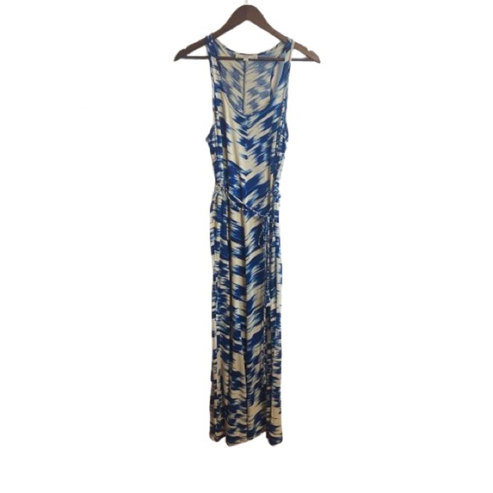Loft Blue and White Patterned Maxi Dress with Braided Belt